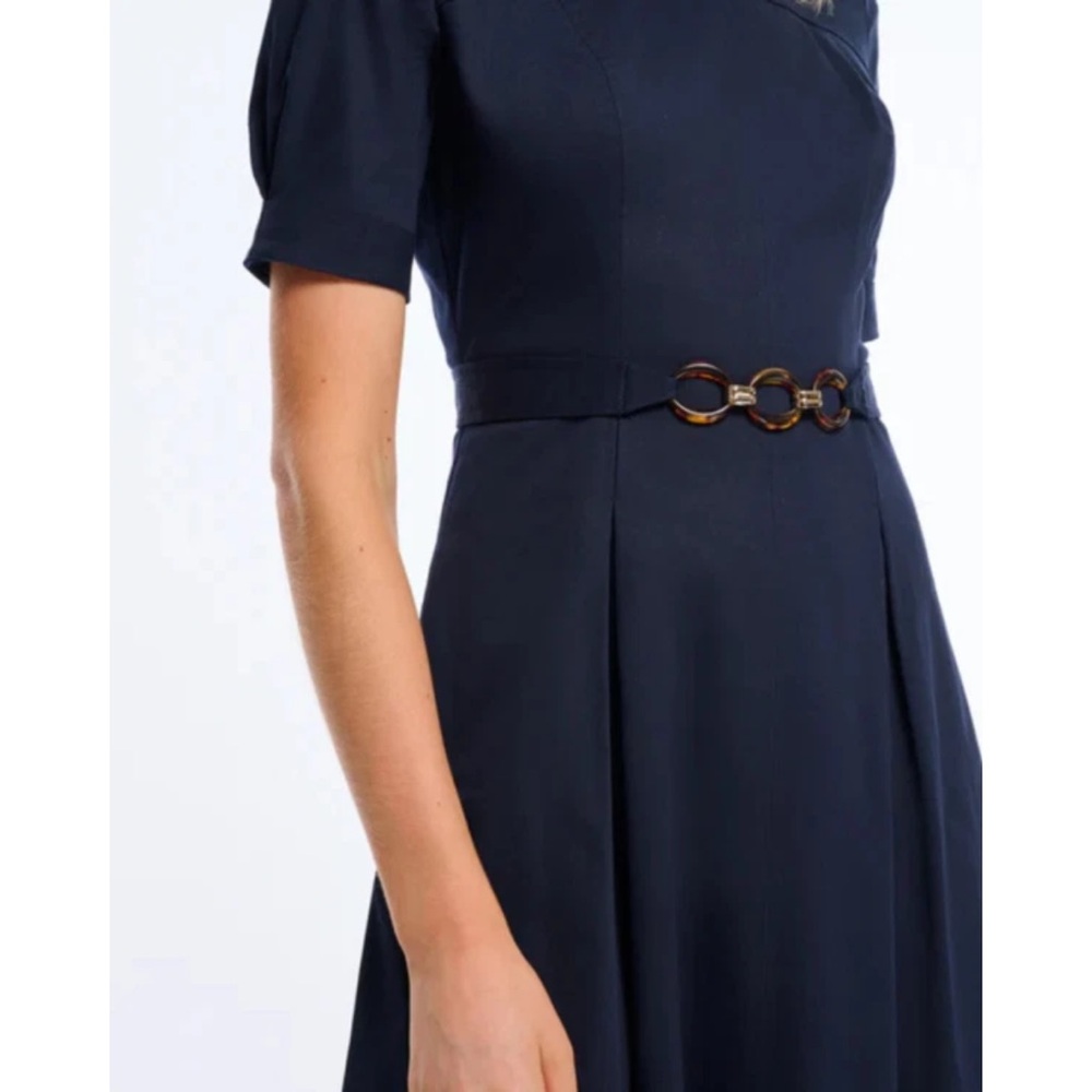 $398 Shoshanna Castell Cotton Cheryl Dress Navy Midi A-Line Chain Belt Pockets 4 - Picture 4 of 9